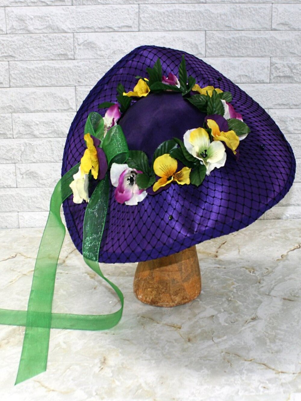 VINTAGE Hat Pansy Easter Upcycled Floral Purple Yellow Spring Wide Brim